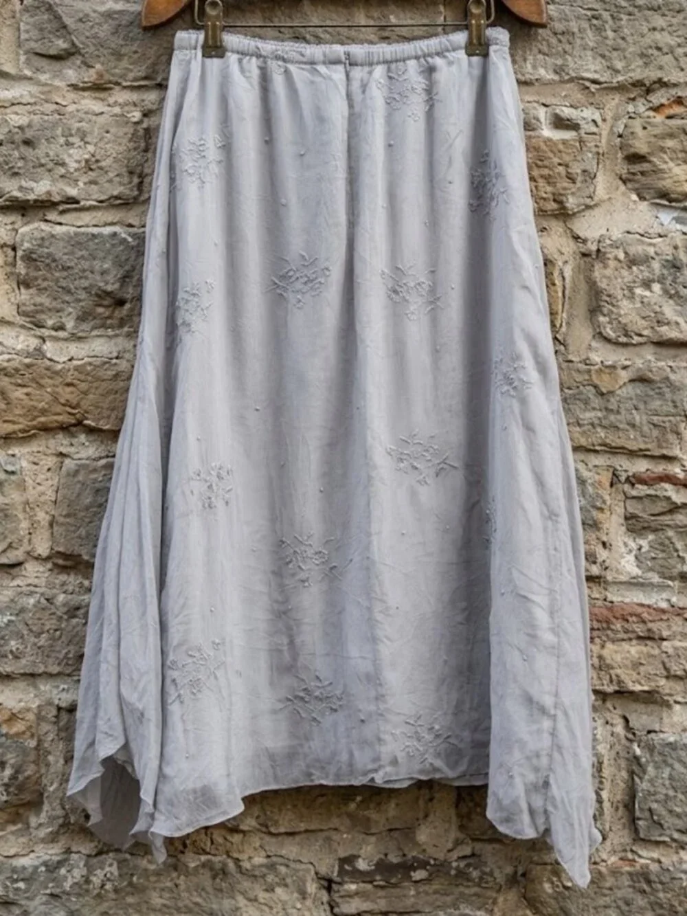 J Jill SP S Lagenlook Skirt Gray Floral Embroidered Whimsical Fairy Elastic VTG